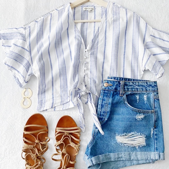 Moon River White Cotton + Blue Stripe Button Down Tied Waist Top - Picture 2 of 11